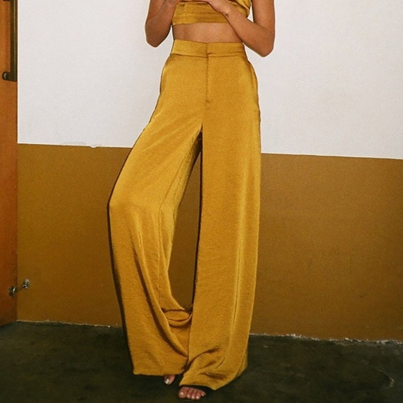 Le Rumi Arabella Mustard Gold Satin Wide Leg Trousers - Picture 1 of 5